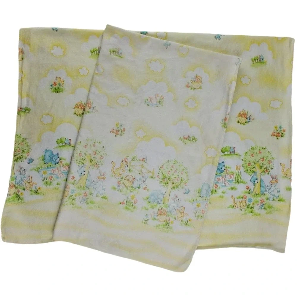 2 Vintage Dundee Yellow Blue Bear Tree Baby Receiving Blanket Country Sunshine